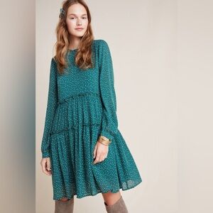 Anthropologie Maeve Esther Tiered Tunic Green and White Polka Dot Dress, Small
